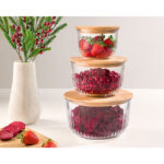 کاسه شیشه ای شیاردار گرد درب چوبی لیمون - Image 2